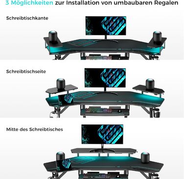 Ергономічний ігровий стіл EUREKA зі світлодіодним освітленням, великий ігровий стіл у формі крила 182x76 см, комп&39ютерний стіл з підставкою для клавіатури, 2 підставки для монітора, гачки для навушників для домашнього офісу, студії, прямих трансляцій, 1