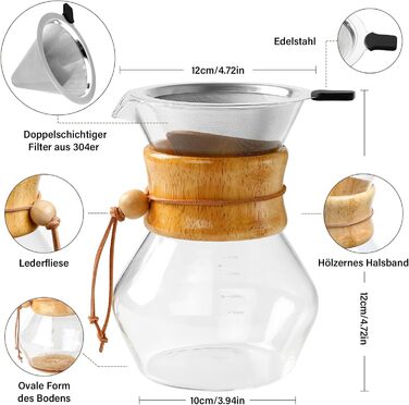 Кавоварка COPOTEA з двошаровим фільтром з нержавіючої сталі, кавник з фільтром Кавоварка-крапельниця, боросилікатне скло, графин для кави (800 мл) Сучасний
