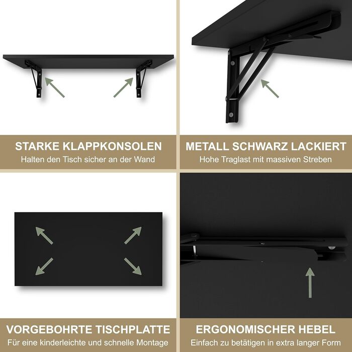 Настінний розкладний стіл KDR 80x40 см, чорний Складаний стіл для настінного монтажу як обідній стіл, письмовий стіл, кухонний стіл або робоче місце Економія місця та універсальність