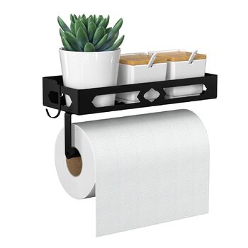 Підставка для спецій з тримачем для кухонних рулонів та гачками, настінна підставка для спецій (не потребує свердління), органайзер для спецій для кухні, чорний
