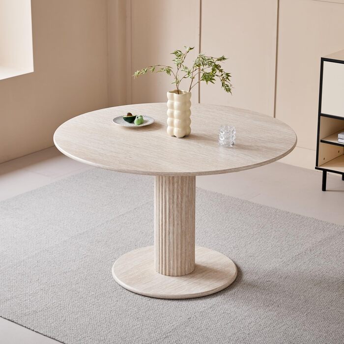 Круглий обідній стіл з циліндричними ніжками, під мармур, сучасний мінімалістичний обідній стіл для вітальні або кухні, 115 x 115 x 75 см Жовтий травертин