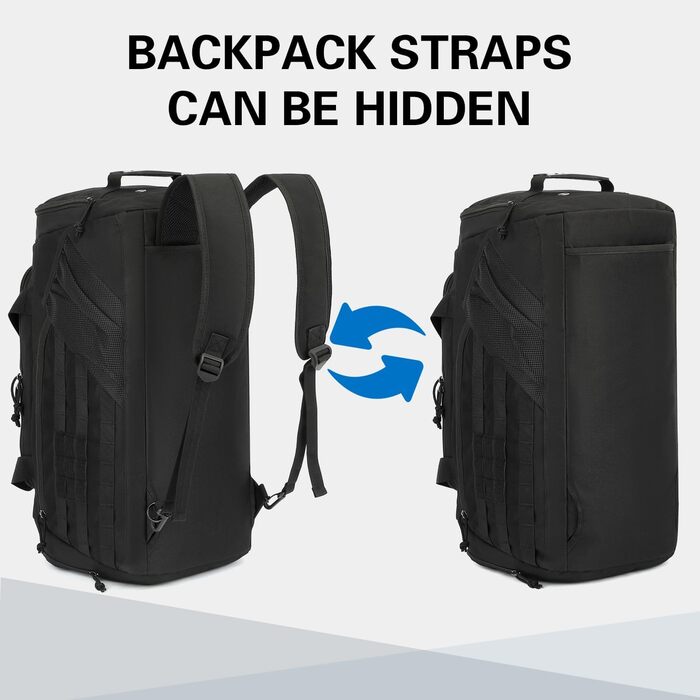 Тактична дорожня сумка-рюкзак 45 л для чоловіків та жінок, спортивна сумка 3-в-1 з відділенням для взуття, відділенням для вологи, багатофункціональна сумка для вихідних для спортзалу, подорожей, кемпінгу, походів, чорного кольору