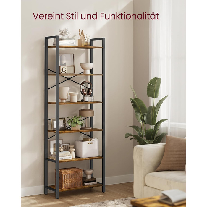 Полиця, книжкова шафа, полиця для стоячого монтажу, полиця для DVD, з 6 полицями, офісна полиця, відкриті полиці, для офісу, вітальні, спальні, кухні, 30 x 64 x 185,5 см, вінтажний коричневий-чорнильний чорний LLS062B01 64B см вінтажний коричневий чорниль