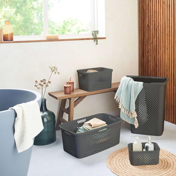 Кошик для білизни 40 л, виготовлений з переробленого пластику, сірий, 4 бічні ручки, вентиляція з усіх 4-х сторін 40 л сірий