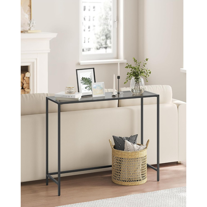 Консольний столик VASAGLE, бічний столик, стільниця із загартованого скла, сучасний диван-столик, легке складання, регульовані ніжки, вітальня, передпокій, чорно-сланцево-сірий LGT132B01 Чорно-чорний шиферно-сірий 1 рівень (20Г x 100Ш см)