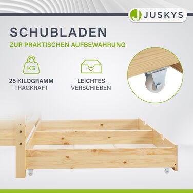 Дитяче ліжко Juskys Marli 90 x 200 см з 2-секційним ящиком для зберігання, захисними поручнями, рейковою основою та дахом - Ліжко-будиночок з масиву дерева для дітей - Ліжко з натурального дерева 90 x 200 см