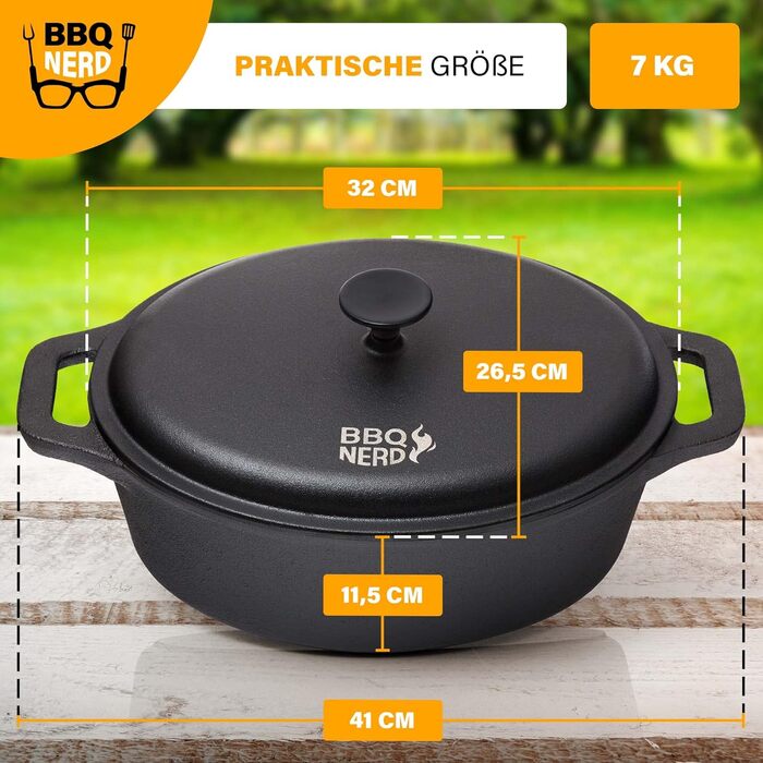 Сковорода BBQ-Nerd з кришкою (овальна, 33x26 см) з чавуну 6,4 л - каструля для смаження чавунна каструля для запікання - кокотниця