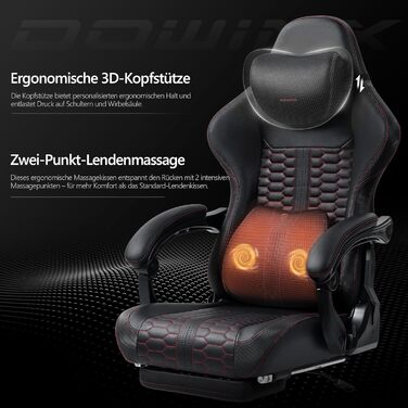 Ігрове крісло Dowinx велике та високе з масажною поперековою опорою, ігрове крісло з підставкою для ніг, ергономічне комп&39ютерне крісло, шкіра PU, 180 кг, чорний колір