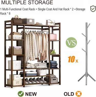 Бамбукова вішалка для одягу, відкрита вішалка для одягу з 13 полицями та 2 рейками для одягу, окремостояча шафа 3 в 1 для вітальні та передпокою 170x30x150см 130x30x150см A