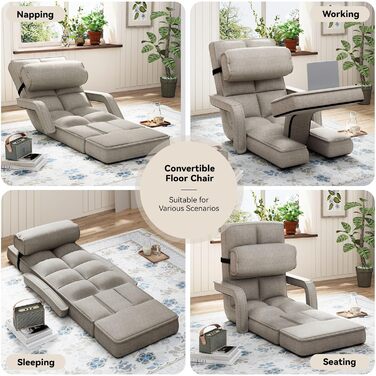 Крісло UNIONLINE, регульоване складне ігрове крісло з підлокітниками, подушкою та підставкою для ніг, одне крісло, ліжко для спальні, для дому, офісу, бежевий