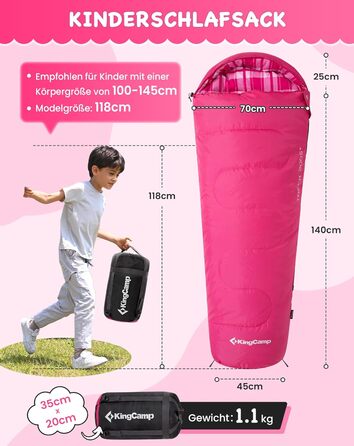 Дитячий спальний мішок KingCamp (до 7C), легкий, водонепроникний, компактний, фланелевий спальний мішок, спорядження для холодної погоди та тепла молоді, аксесуар для кемпінгу, підходить для 10-12 дітей зростом до 1,68 м, рожевий у клітинку, 165x70x45 см