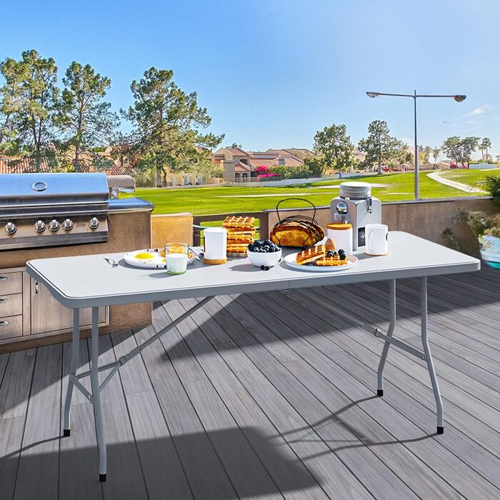 Складаний стіл з ручкою для перенесення, водонепроникний садовий стіл, складний кемпінговий стіл, складний набір для пивного саду, фуршетний стіл для вечірок на свіжому повітрі, пляжних барбекю, 180 x 75 x 74 см, білий