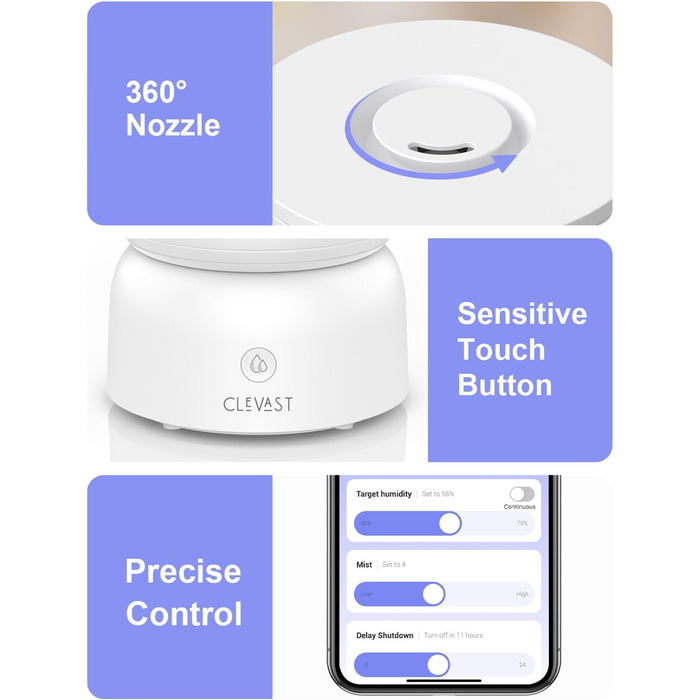 Зволожувач повітря CLEVAST, ультразвуковий зволожувач повітря з верхнім заповненням 3 л Cool Mist безшумний, зволожувач повітря дл