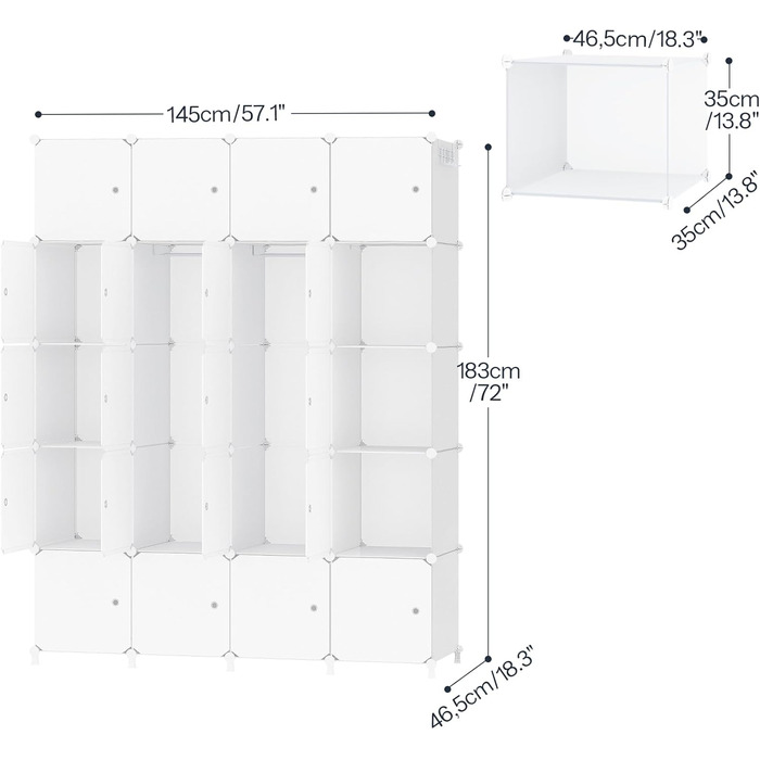 Шафа, Шафа для одягу, Модульна пластикова шафа з 20 кубами, Вставна система полиць з дверима та рейкою для одягу, 2 ряди гачків, 145 x 46,5 x 183 см, Білий EWT45LY01N1