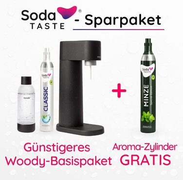 Економ-пакет Mysoda Woody - поновлюваний деревний композитний виробник газованої води з пластиковою пляшкою 1 л без BPA, класичний балон CO2 м'ятний балон CO2 (чорний)