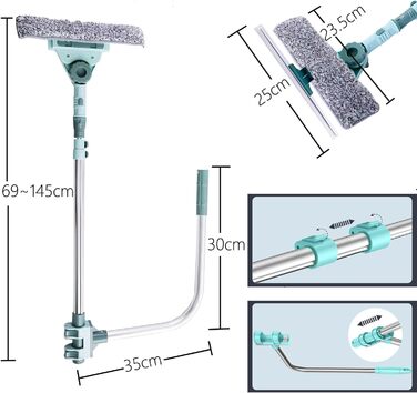 Знімач вікон Телескопічний U-подібний кронштейн Rod 2-в-1 Мийник вікон з поворотною головкою на 180 Набір склоочисників для високого вікна/душу/автомобіля 69-145 см (CCQSD) U-подібний кронштейн
