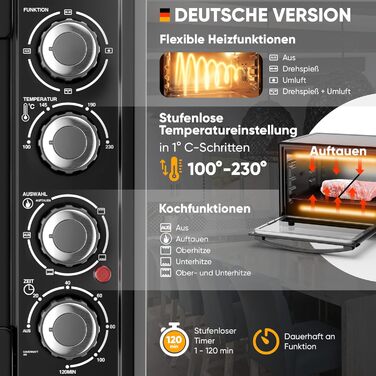 Міні-духовка Stillstern з конвекцією (45 л) Німецька версія, вставка для фритюрниці, рукавиці, буклет з рецептами, вертел, внутрішнє освітлення, 2000 Вт, тостер гриль Піч для піци Міні-піч ідеально підходить для кемпінгу