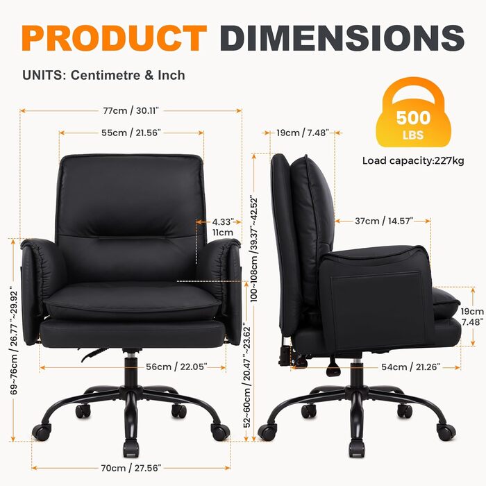 Офісне крісло IWMH, ергономічне робоче крісло зі штучної шкіри, потовщені подушки, крісло для керівника з широким сидінням та колесами, поворотне крісло з можливістю відкидання на 90-135, туалетне крісло, регульована висота з підлокітниками (чорне)