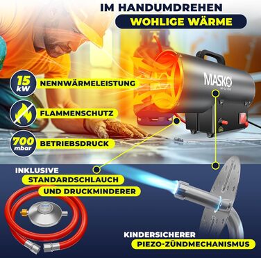 Газовий обігрівач Masko, газовий обігрівач, газовий радіаційний обігрівач, будівельний обігрівач 15 кВт, газовий опалювальний пристрій, радіаційний обігрівач, генератор гарячого повітря, включаючи газовий шланг та регулятор тиску, обігрівач для стандартни