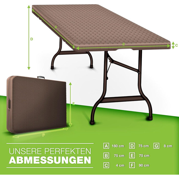 Складаний садовий стіл tillvex, вигляд з ротанга, 180x75 см Буфетний стіл з ручкою для перенесення Складаний стіл для саду, патіо та балкону Кемпінговий стіл на 6 осіб, коричневий
