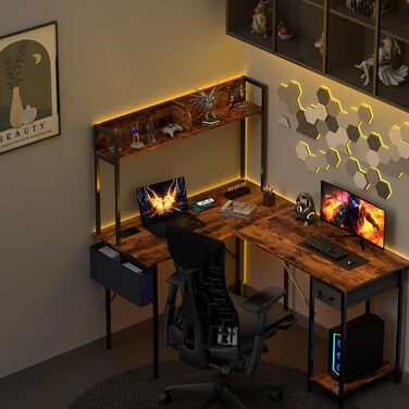 Г-подібний стіл Yansee, ігровий стіл зі світлодіодним підсвічуванням, 140110 см, двосторонній Г-подібний стіл з подовжувачем, кутовий стіл з полицею, коричневий