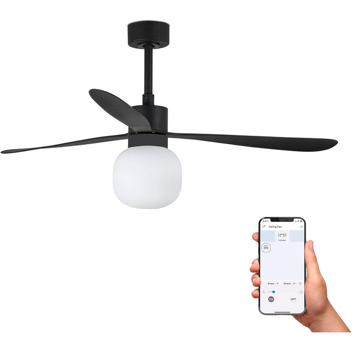 Великий чорний стельовий вентилятор з кульковим світлодіодом, Smart, 20 Вт, 2700 К, 6 швидкостей