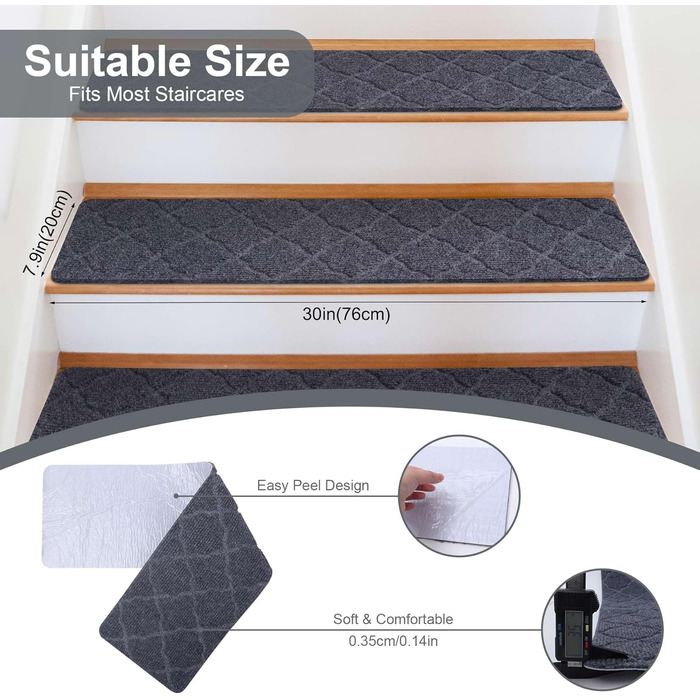 Нековзні сходинки для дерев&39яних сходинок, 20 x 76 см, нековзні сходинки для використання всередині приміщень, килимові сходинки із самоклеючою основою, знімні та придатні для прання в пральній машині, світло-сірий візерунок 7