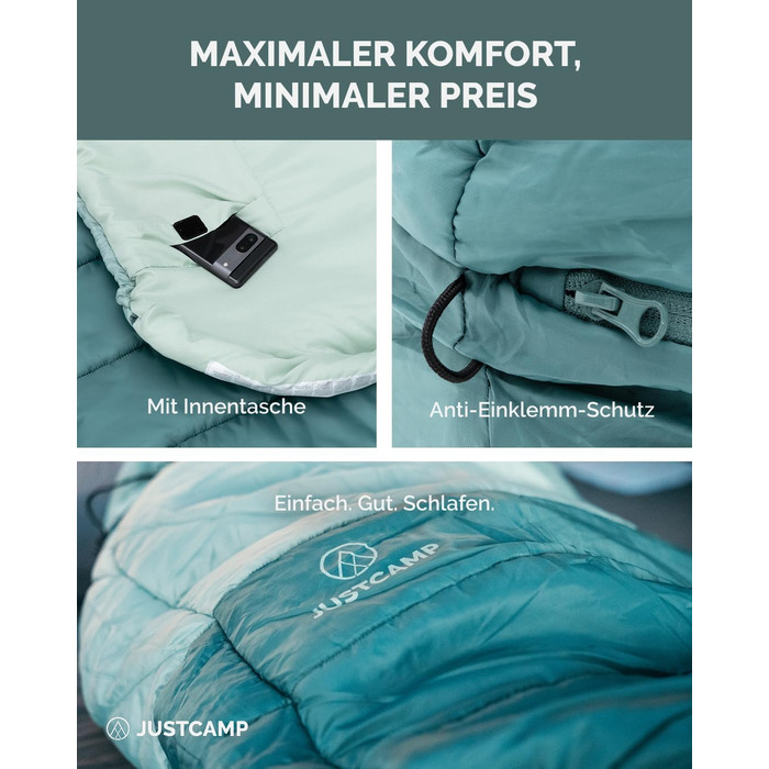 Спальний мішок Justcamp Melvin XXL 4 для дорослих, кемпінговий спальний мішок 3 сезони, м&39ятний