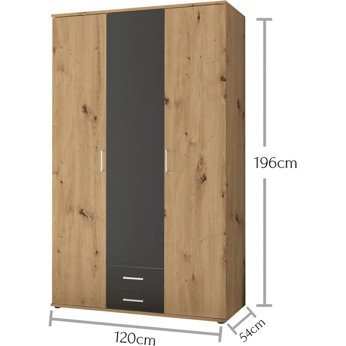 Шафа MARBURG кольору Імітація дуба ремісника, колір Графіт - Універсальна 3-дверна шафа для вашої спальні - 120 x 196 x 54 см (Ш/В/Г) 3-дверна, колір Дуб ремісника / колір Графіт