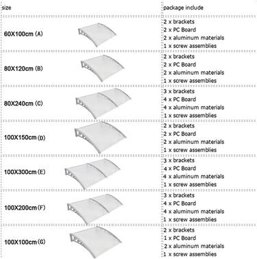 Вхідний навіс, дах, тент з полікарбонату, міцний, дах, захист від дощу та ультрафіолетового випромінювання, шатер (60 x 100 см (білий) 60*100 см (білий)