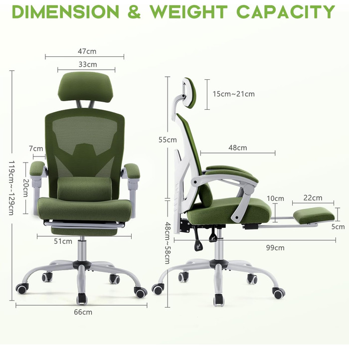 Ергономічне офісне крісло DUMOS - стілець зі зручними підлокітниками, оснащений зручною поперековою опорою та підставкою для ніг, підходить для дому та офісу (зелений)