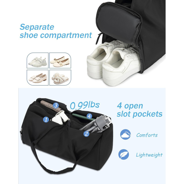 Жіноча спортивна сумка, дорожня сумка, ручна поклажа з відділенням для взуття та вологим відділенням, невелика спортивна сумка для йоги, сауни, плавання, чорна