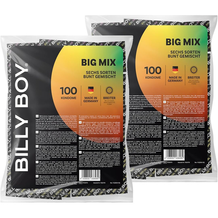 Презервативи BILLY BOY Big Mix, 200 шт. 56 мм Мікс презервативів широкого крою Різні кольори (2 x 100 шт. )