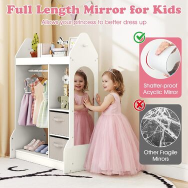 Дитяча шафа FANTASK з тканинними шухлядами, 81 x 38 x 107 см, Дитяча шафа з дзеркалом та вішалкою для одягу, Дерев&39яна вішалка для одягу для дитячих кімнат (біла)