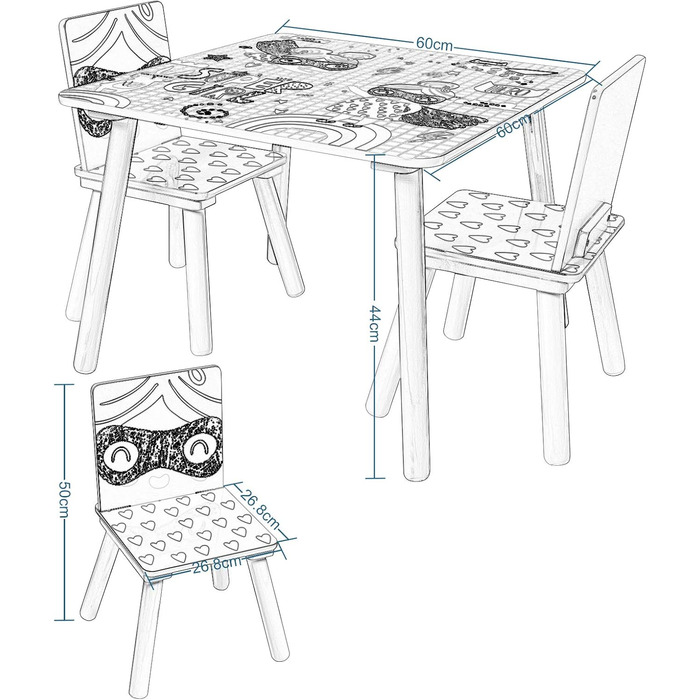 Дитячий комплект меблів EUGAD 1 дитячий стіл та 2 дитячі стільці, 3-предметний дитячий комплект меблів з масиву МДФ, рожевий