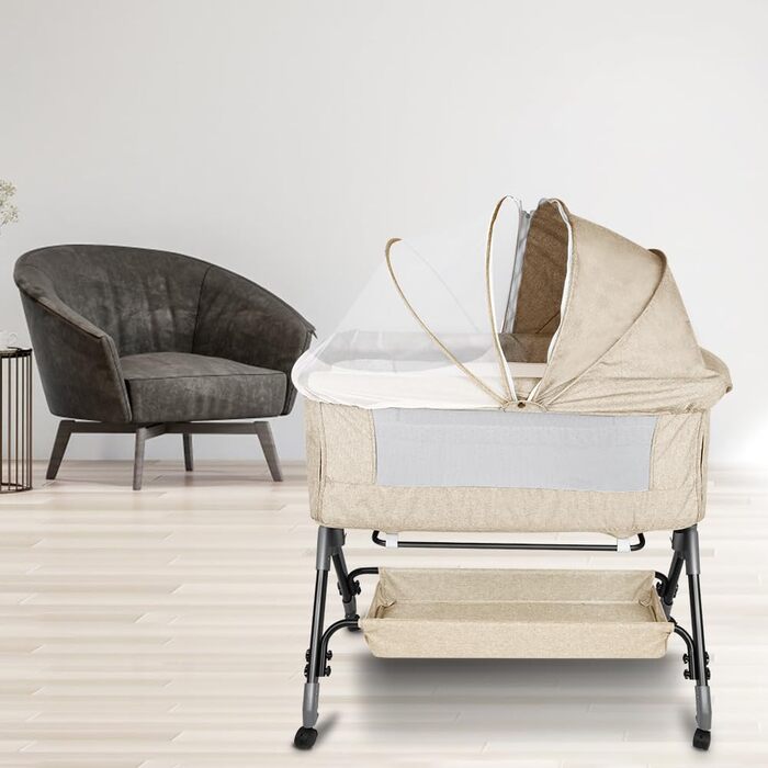 Дитяче ліжечко 3-в-1 приліжкове ліжечко, дитяча колиска та дорожнє ліжечко, 4-рівневе регулювання висоти дитячого ліжечка, що відкидається, дитяче ліжко, колиска для дітей вагою до 25 кг - 104 x 52 x 100-110 см - кремово-білий колір