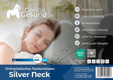Ортопедична подушка для шиї Silver Neck - в&39язкопружна подушка, подушка з піни з ефектом пам&39яті з чохлом Silver & Life - 70x34 см - висота 13 см 70 x 34 см, висота 13 см