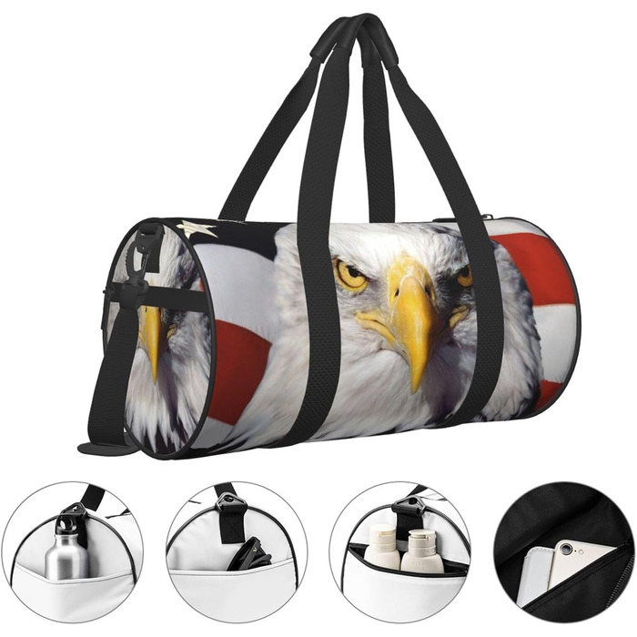 Спортивна сумка для подорожей, дизайн прапор та орел США, чорний колір, універсальний розмір