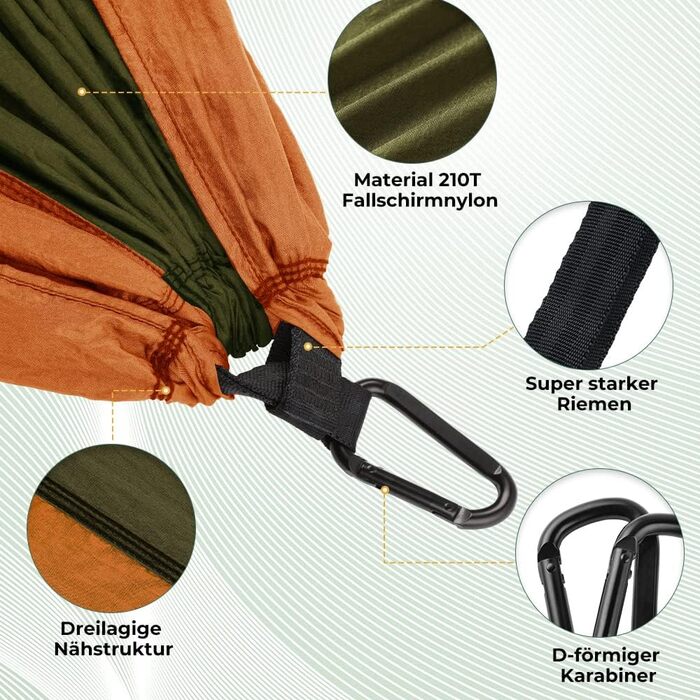 Ультралегкий гамак для подорожей Glymnis з підвісними тросами та сталевими карабінами, вантажопідйомність до 300 кг