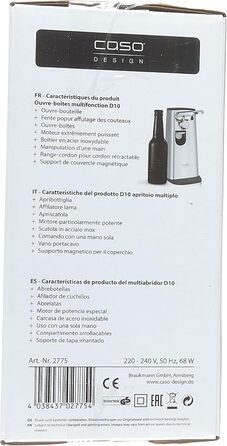 Мультивідкривач CASO D10 з високоякісним корпусом з нержавіючої сталі, універсальне використання в якості відкривачки для пляшок, точилки для ножів, консервного ножа, в т.ч. практичного втягування кабелю, магнітного тримача кришки, потужного двигуна