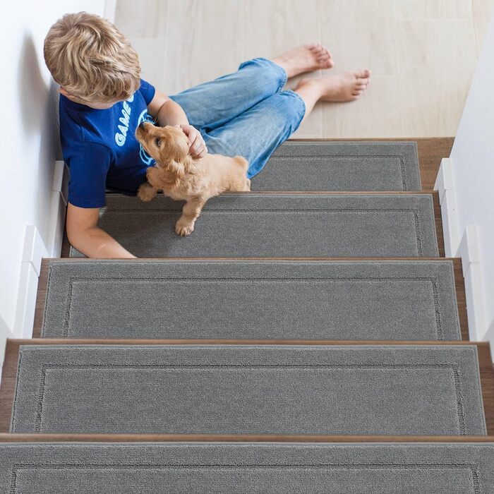 Сходинки для внутрішніх сходів JSEI, нековзні, 15 шт. , 20,3 x 76,2 см, можна прати в пральній машині, самоклейний килимок для сходів для дітей, людей похилого віку та домашніх тварин, основа 100 поліестер TPE, світло-сірий, 20,3 x 76,2 см