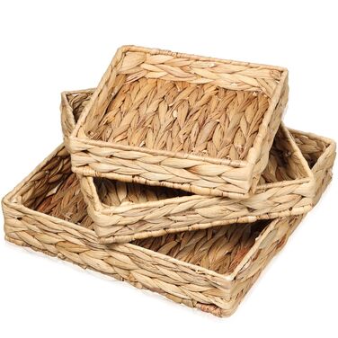Набір із 3 підносів для зберігання, сплетених з водяного гіацинта та морської трави, квадратні декоративні підноси для подачі, кошики для зберігання ручної роботи з водяного гіацинта для вітальні, їдальні та ванної кімнати, кухні