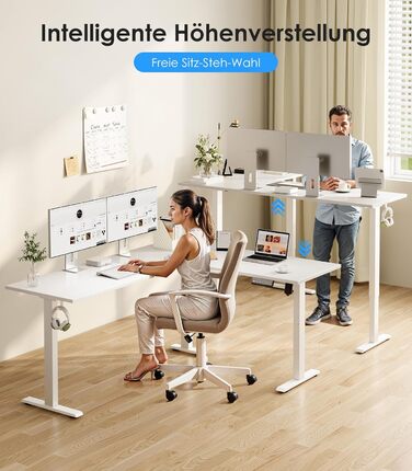 Подібний стіл OffiGo з регульованою висотою, 160 x 120 см, стіл з електричним регулюванням висоти, кутовий стіл, ергономічний стіл для роботи сидячи та стоячи, комп&39ютерний стіл, білий, 160 x 120 см