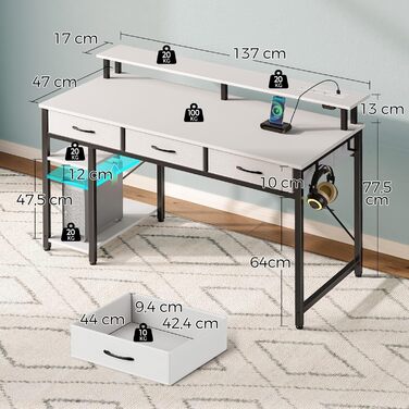 Письмовий стіл Rolanstar з шухлядами, комп&39ютерний стіл з розетками та світлодіодним освітленням, ігровий стіл з підставкою для монітора, полицею та 2 гачками, ігровий стіл для офісу, вітальня (білий, 137x47x90,5 см) білий 137 см