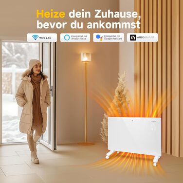 Електричний скляний конвекторний обігрівач Aigostar з пультом дистанційного керування для кімнат площею приблизно 30 м, радіатор з термостатом, енергозберігаючий ECO, тихий, 24-часовий таймер, окремостоячий/настінний, додаток Wi-Fi, 2000 Вт, чорний, білий