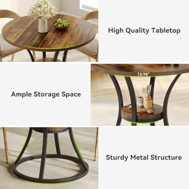 Круглий обідній стіл Tribesigns, кухонний стіл для їдальні та вітальні, обідні столи 80 см для 2-4 осіб, невеликий обідній стіл з місцем для зберігання та металевою основою, рустикальний коричневий (лише стіл)