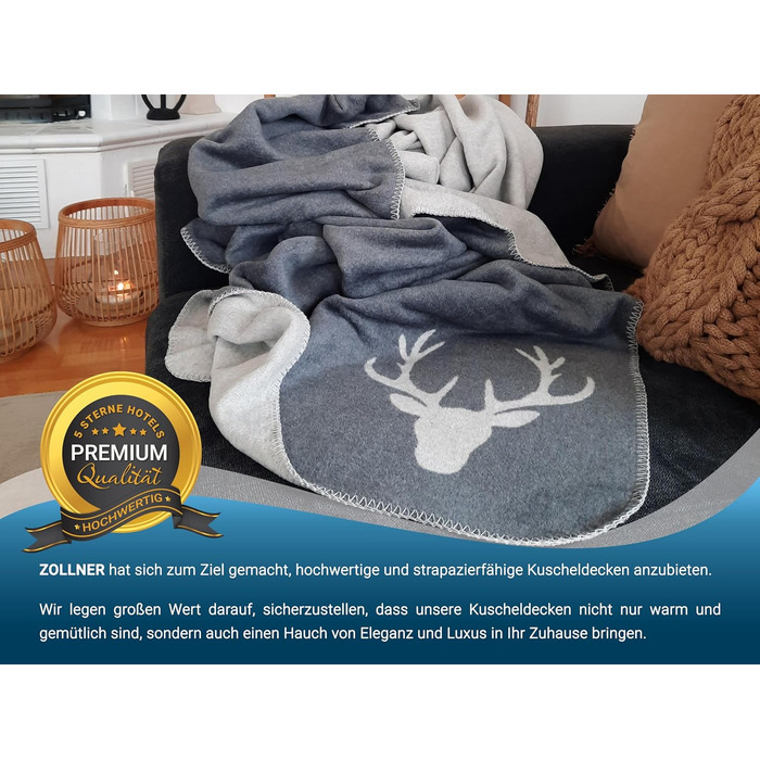 М&39яка ковдра ZOLLNER 150x200 см - Пухнаста та м&39яка двостороння ковдра у двох простих кольорах - Модне плетене обличчя з оленячою головою сірого кольору - Змішана тканина - Можна прати при температурі до 40C - Сертифікована сіра двостороння ковдра Oek