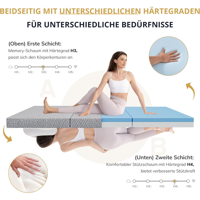 Складаний матрац EGO Home 65x196 см, 3-секційний складаний матрац, рівень жорсткості H3, висота 10 см, складаний матрац з гелевого пінопласту 196x65 см для подорожей, кемпінгу, використання на свіжому повітрі, підлога, гостьове ліжко, сертифікований Oeko-