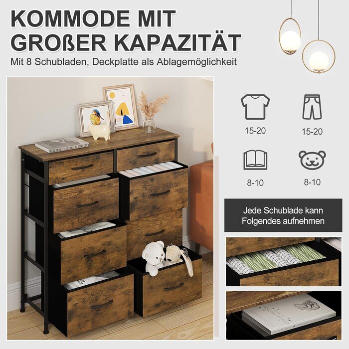 Комод WOLTU з 8 тканинними шухлядами, міцний металевий каркас, вінтажний дизайн, для спальні, вітальні, коридору, дитячої кімнати, 86x30x89 см, вінтажний коричневий чорний, SSK006hov Вінтажний коричневий чорний 8 тканинних шухляд