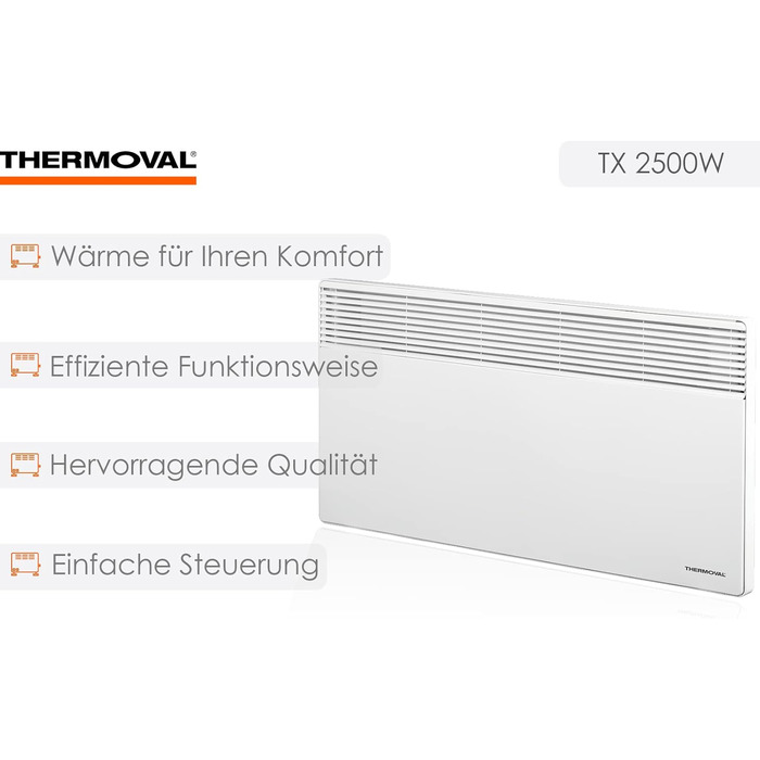 Електричний конвектор Thermoval, електричний радіатор TX 2500, 2,5 кВт, IP20, окремостоячий або настінний електричний обігрівач, електричне опалення для житлових та офісних приміщень, конвекторний обігрівач, білий